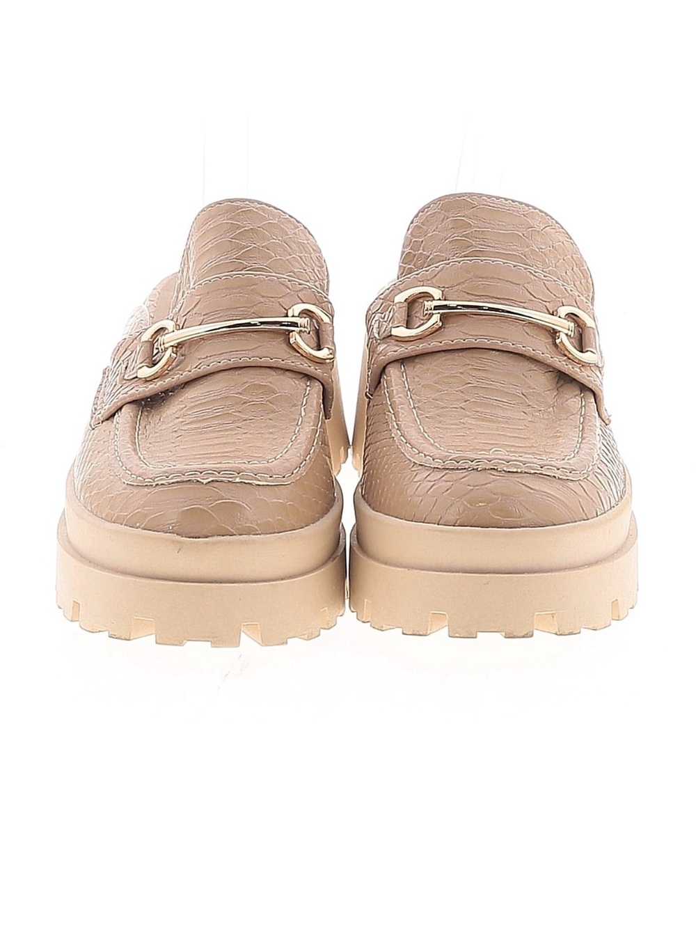 ShuShop Beige Croc-Texture Chunky Loafer Mules with Gold Hardware